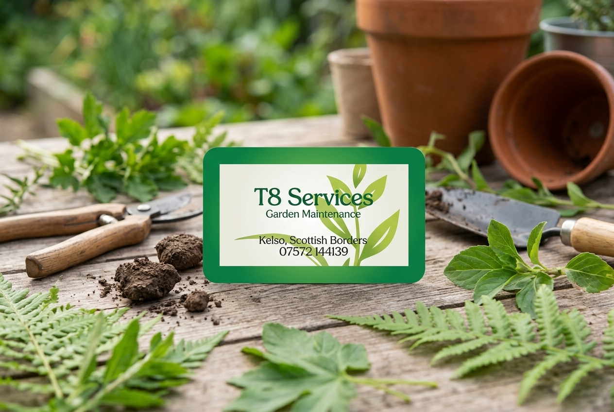 T8 Services business card on a potting bench with garden tools
